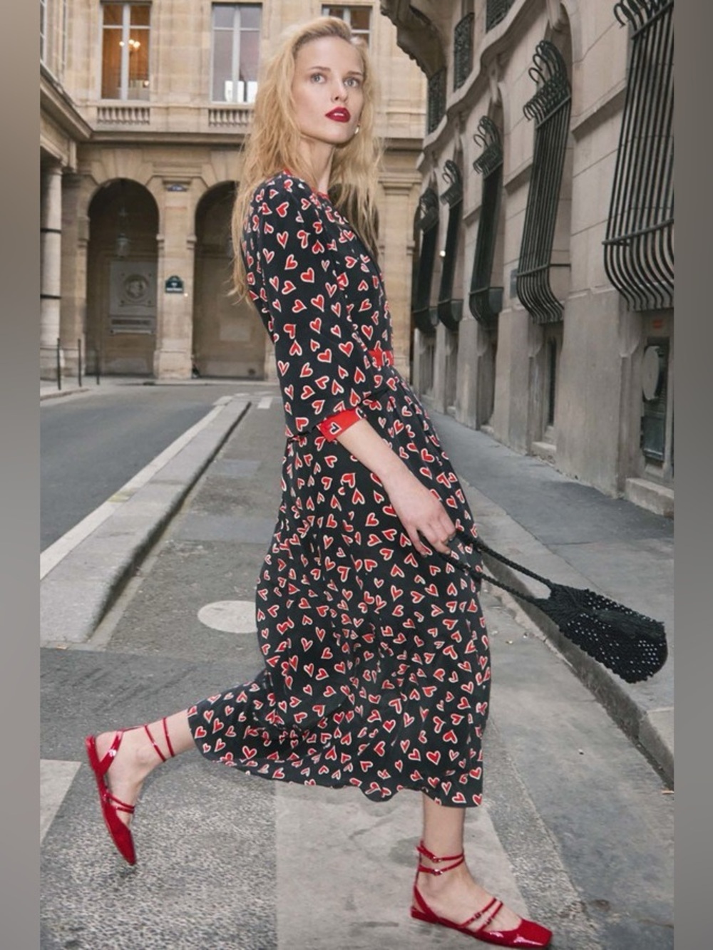 Hunter Bell Casper Maxi Dress Onyx Heart Print Long Sleeve Size 8 NWT